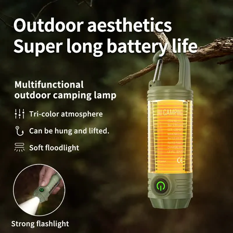 2 PCS Khaki Portable Outdoor Camping Light with 6 Modes & Keychain Hook | Multi-Source Mini Flashlight | IPX4 Waterproof