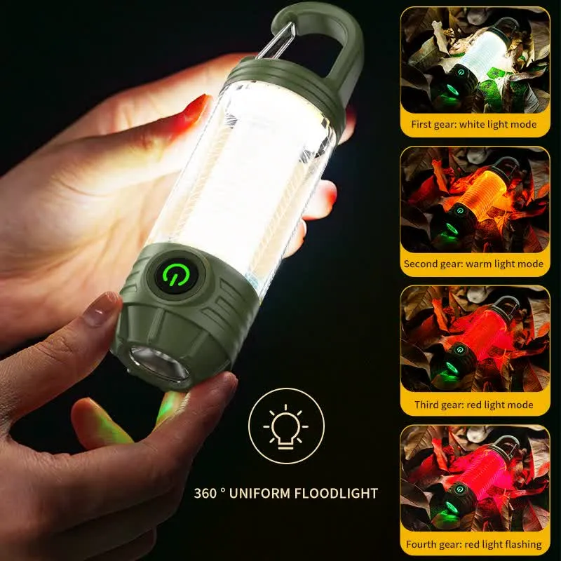 2 PCS Khaki Portable Outdoor Camping Light with 6 Modes & Keychain Hook | Multi-Source Mini Flashlight | IPX4 Waterproof