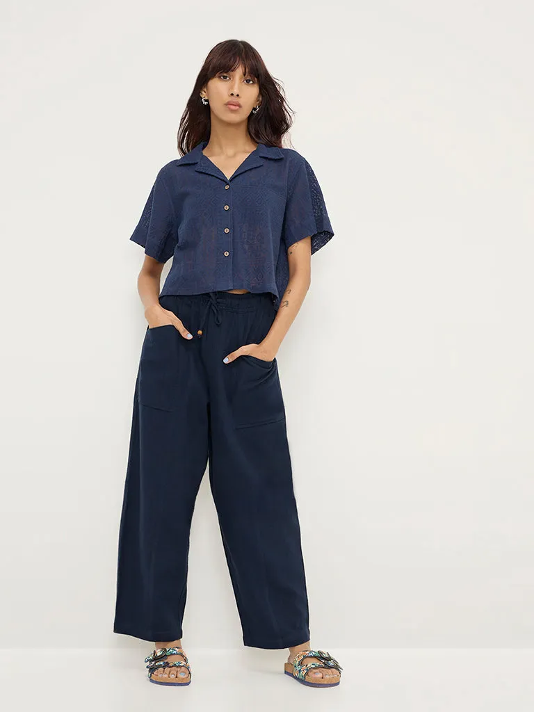 Bombay Paisley Navy Knit-Textured Cotton-Blend Shirt
