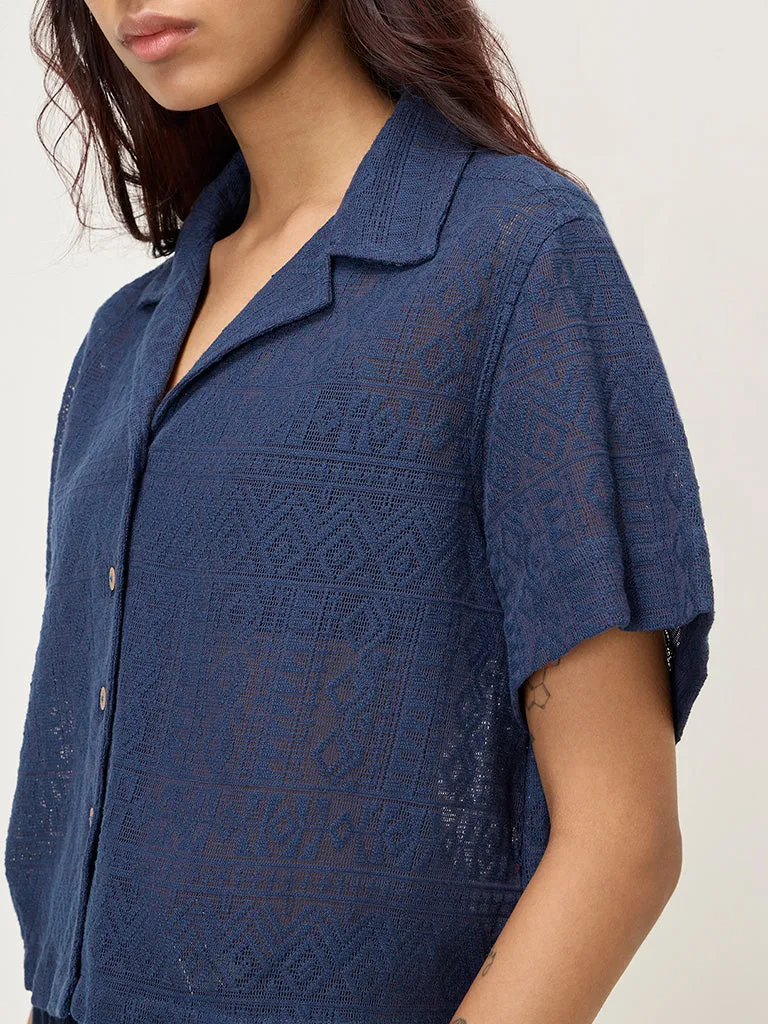 Bombay Paisley Navy Knit-Textured Cotton-Blend Shirt