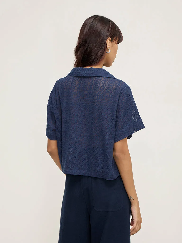 Bombay Paisley Navy Knit-Textured Cotton-Blend Shirt