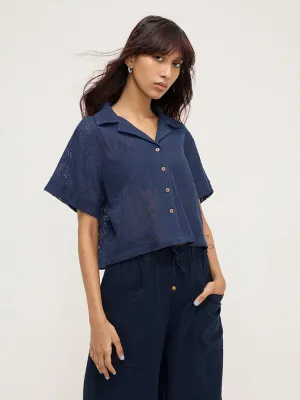 Bombay Paisley Navy Knit-Textured Cotton-Blend Shirt