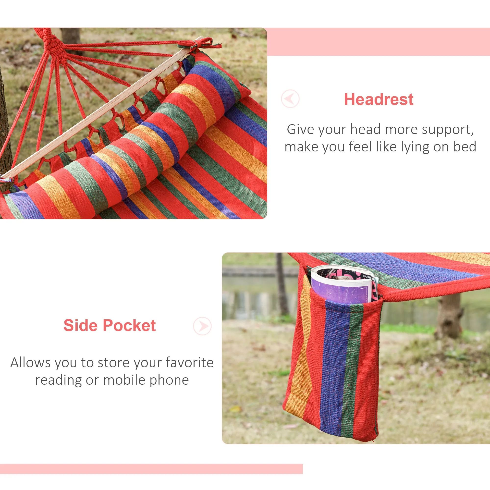 Cotton Hammock Soft Portable Swing Sleeping w/ Headrest & Side Pocket Deluxe Swing Chair for Beach