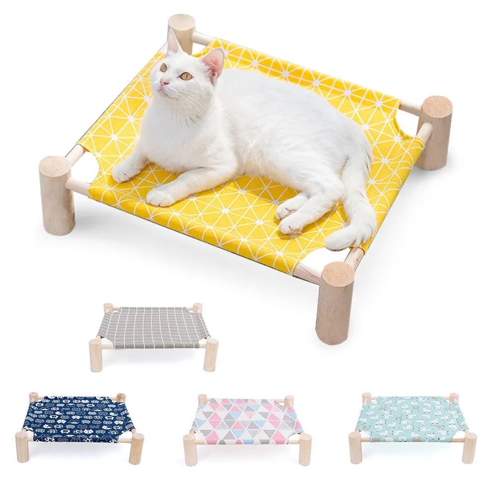 Elevated Cat Bed House Cat Hammocks Bed Wood Canvas Cat Lounge Bed for Small Rabbit Cats Dogs Durable Canvas Pet House Supplies
