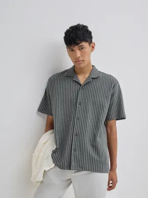 ETA Olive Stripe Pattern Relaxed-Fit Cotton-Blend Shirt