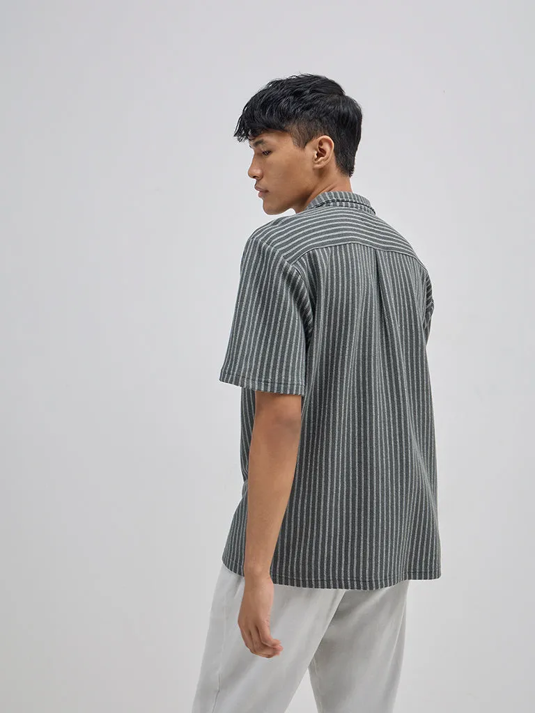 ETA Olive Stripe Pattern Relaxed-Fit Cotton-Blend Shirt