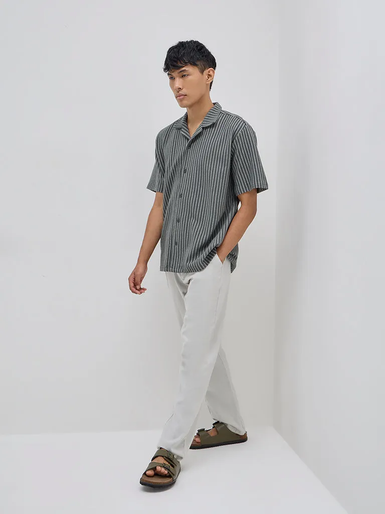 ETA Olive Stripe Pattern Relaxed-Fit Cotton-Blend Shirt