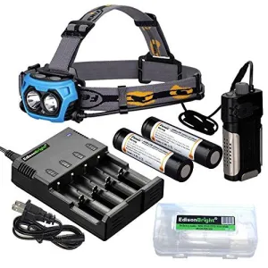 Fenix HP40F 450-Lumen White/Blue LED Fishing Headlamp Bundle with 4-Bay Smart Battery Charger, 2 Fenix 18650 ARB-L2M Rechargeable Batteries & EdisonBright Battery Carry Case