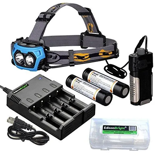 Fenix HP40F 450-Lumen White/Blue LED Fishing Headlamp Bundle with 4-Bay Smart Battery Charger, 2 Fenix 18650 ARB-L2M Rechargeable Batteries & EdisonBright Battery Carry Case