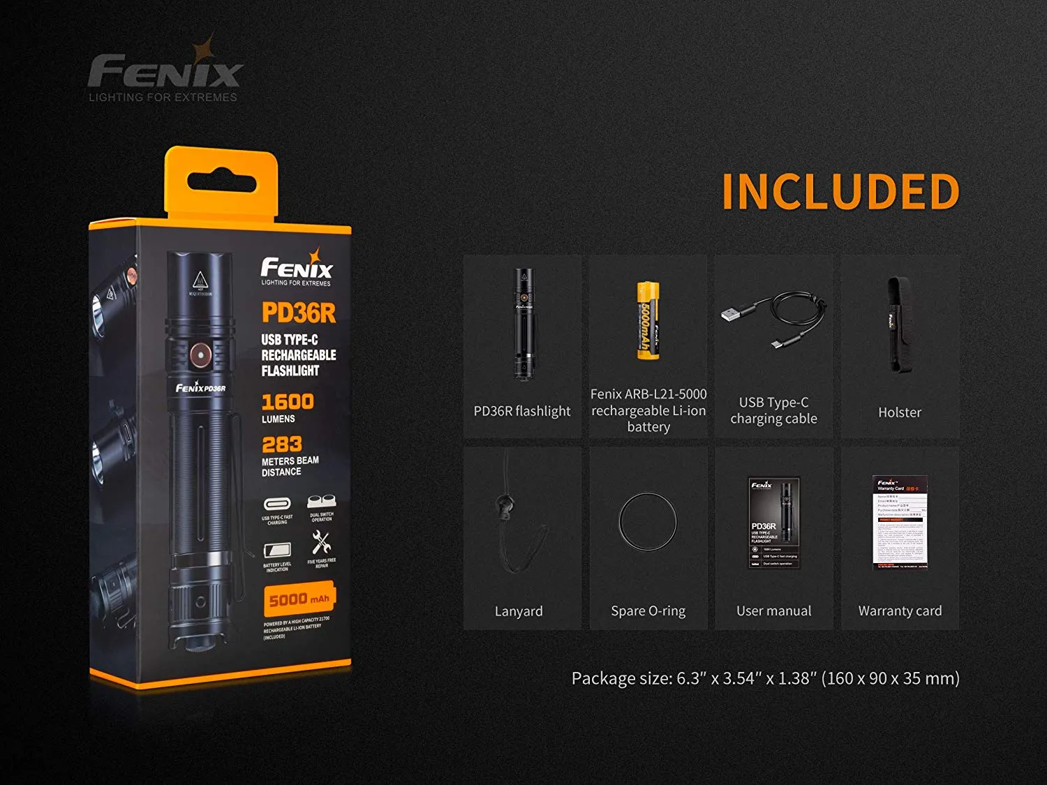 Fenix PD36R 1600 Lumen rechargeable CREE LED tactical Flashlight, ALL-01 lanyard with EdisonBright charging cable carry case bundle