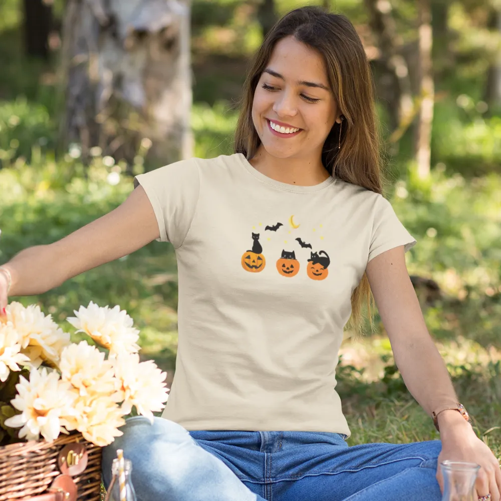 Halloween| Cute Halloween T-Shirt with 3 Jack-O-Lanterns and Black Cats - Perfect for Spooky Season!