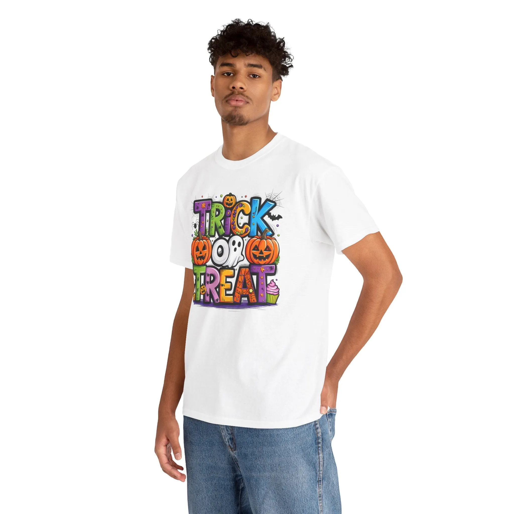 Halloween Trick or Treat Tee, Unisex Shirt for Adults, Jack-o-lantern and Ghost Design, Halloween Costume Shirt, Halloween Party Apparel,