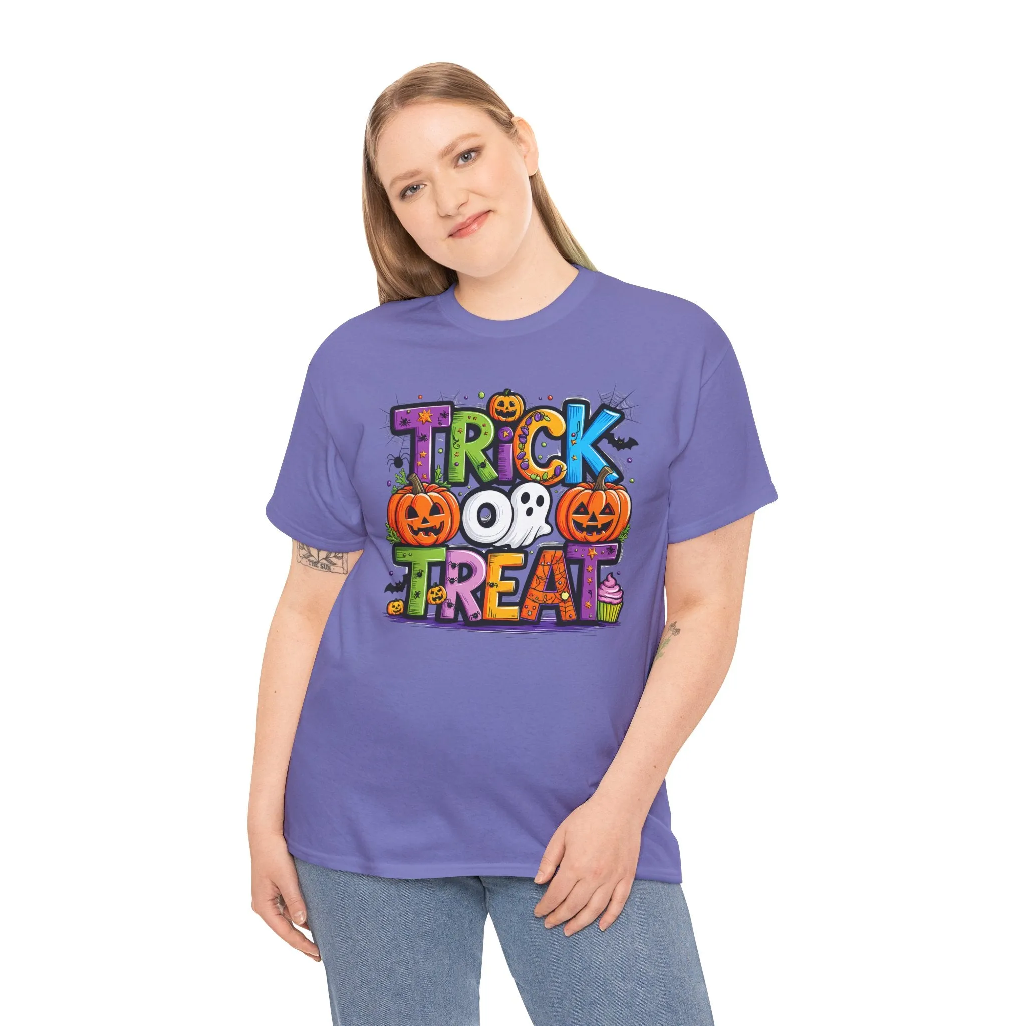 Halloween Trick or Treat Tee, Unisex Shirt for Adults, Jack-o-lantern and Ghost Design, Halloween Costume Shirt, Halloween Party Apparel,