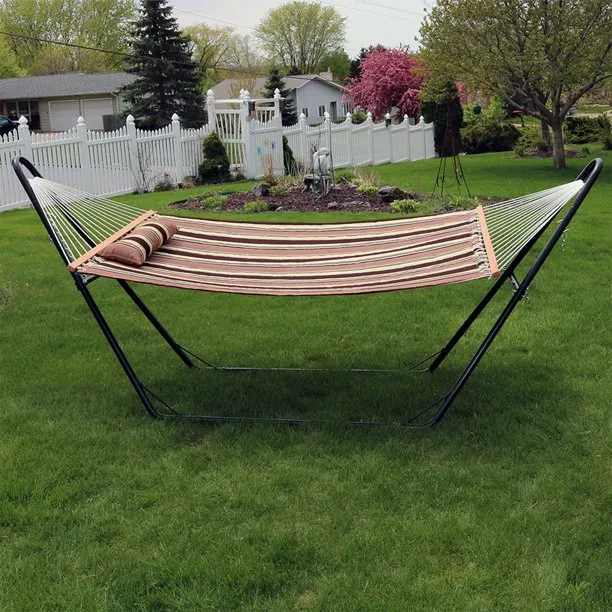 New in box! Sunnydaze Quilted Indoor/Outdoor Double Hammock with Stand - Large 2-Person Heavy-Duty Hammock with Multi-Use Universal Steel Stand For Backyard & Patio - 450-Pound Capacity - Sandy Beach Fabric! Retails $392 