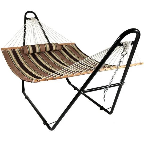New in box! Sunnydaze Quilted Indoor/Outdoor Double Hammock with Stand - Large 2-Person Heavy-Duty Hammock with Multi-Use Universal Steel Stand For Backyard & Patio - 450-Pound Capacity - Sandy Beach Fabric! Retails $392 