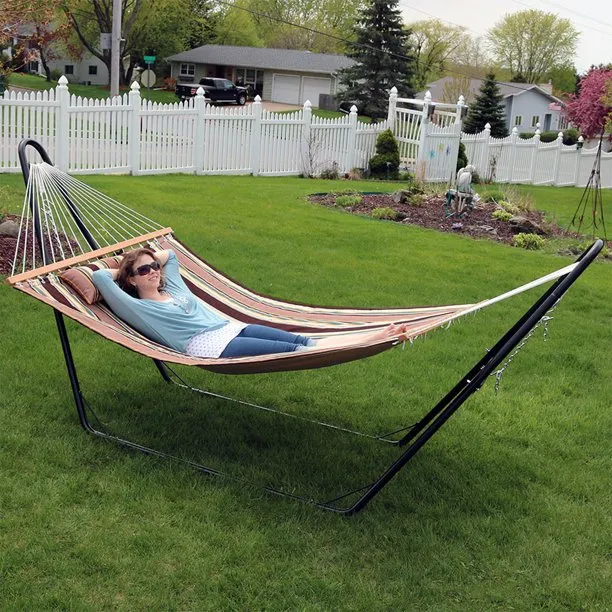 New in box! Sunnydaze Quilted Indoor/Outdoor Double Hammock with Stand - Large 2-Person Heavy-Duty Hammock with Multi-Use Universal Steel Stand For Backyard & Patio - 450-Pound Capacity - Sandy Beach Fabric! Retails $392 