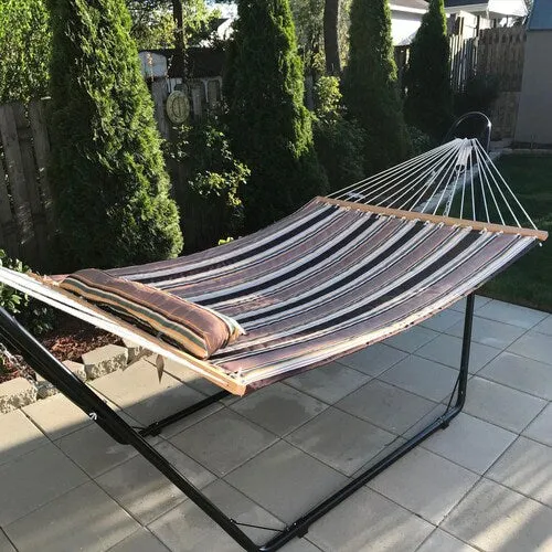 New in box! Sunnydaze Quilted Indoor/Outdoor Double Hammock with Stand - Large 2-Person Heavy-Duty Hammock with Multi-Use Universal Steel Stand For Backyard & Patio - 450-Pound Capacity - Sandy Beach Fabric! Retails $392 