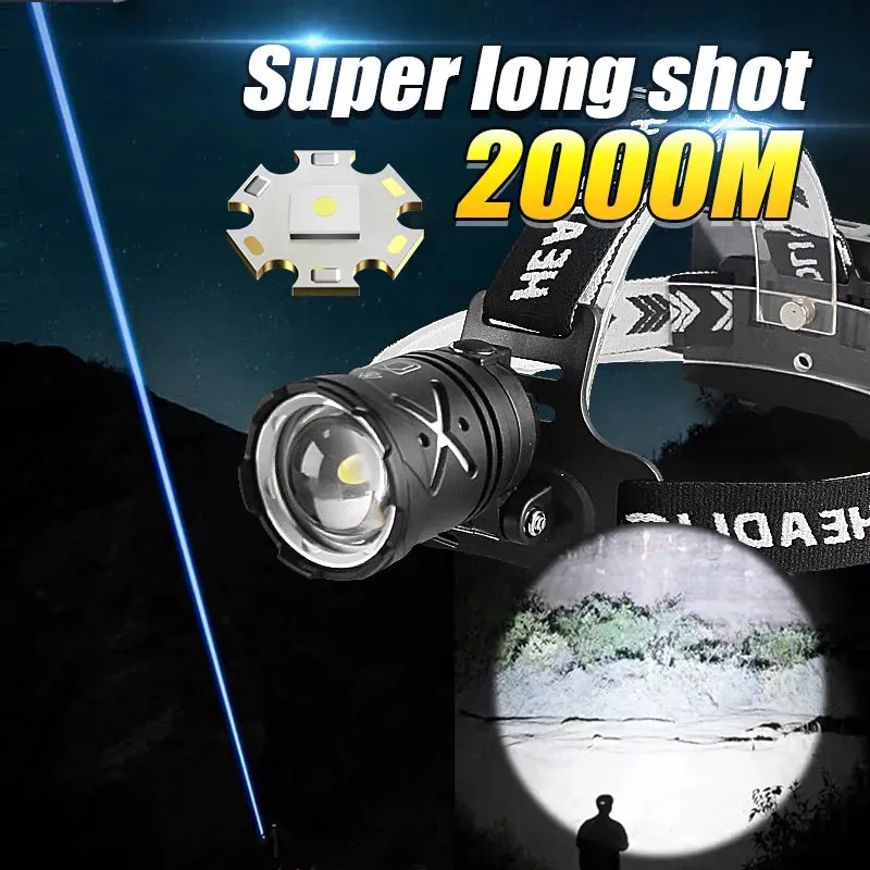 New Upgrade 30W LED Powerful Headlamp Type-c Rechargeable Head Flashlight L2 Led Zoom 2000m Headlight Fishing Long Shot Lanterns