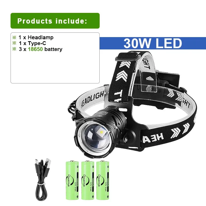 New Upgrade 30W LED Powerful Headlamp Type-c Rechargeable Head Flashlight L2 Led Zoom 2000m Headlight Fishing Long Shot Lanterns