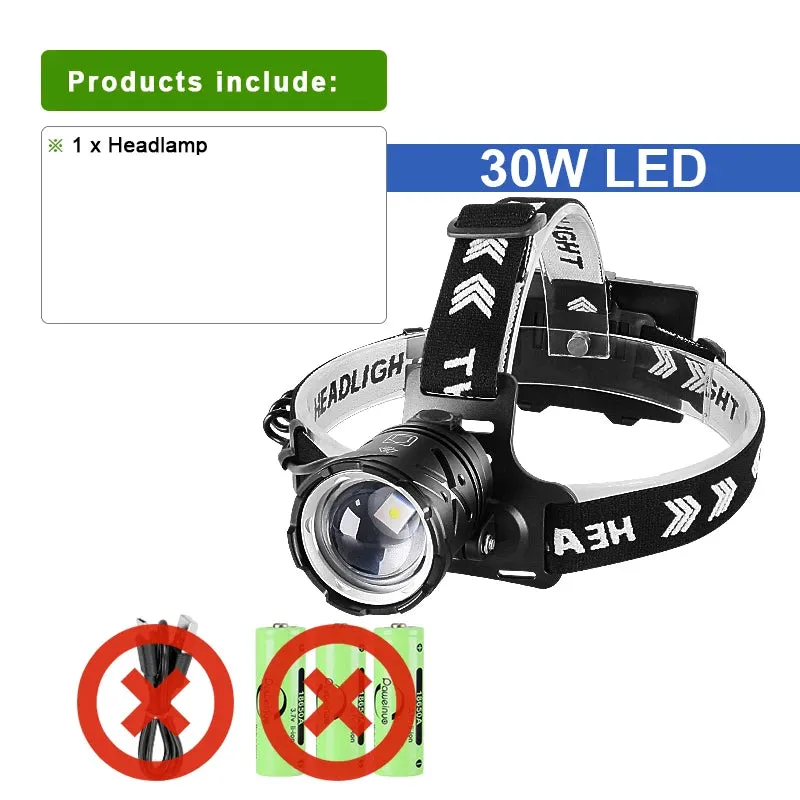 New Upgrade 30W LED Powerful Headlamp Type-c Rechargeable Head Flashlight L2 Led Zoom 2000m Headlight Fishing Long Shot Lanterns