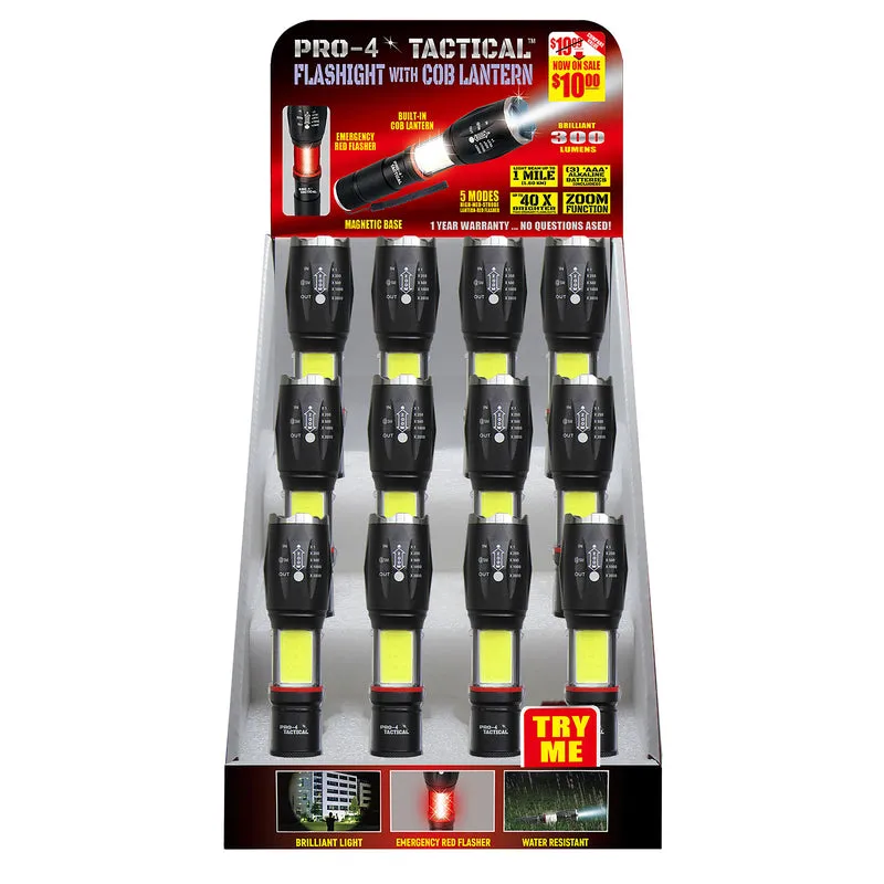 Pro-4 Tactical 300 lm Black LED Tactical Flashlight w/COB Lantern AAA Battery